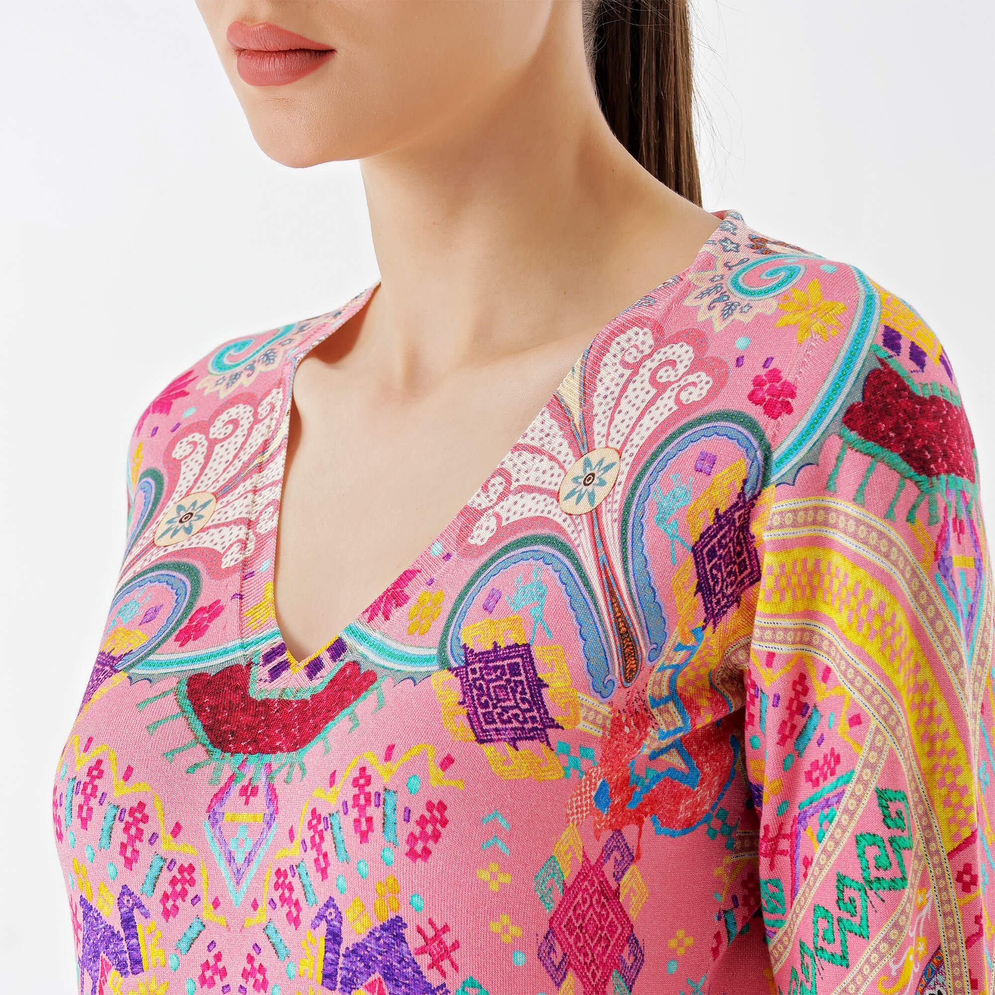 Etro-Pink Cotton&Silk-Blend Dragon Printed V-Neck Top